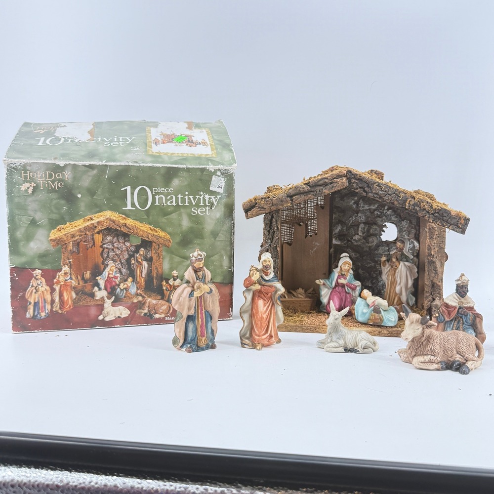 Holiday Time Nativity Set 10 Piece Painted Porcelain Figurines with Stable 90s
